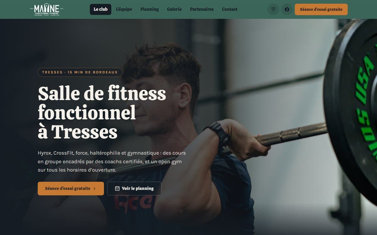 Page d'accueil du site de Mayne Training Club, salle de fitness fonctionnel à Tresses